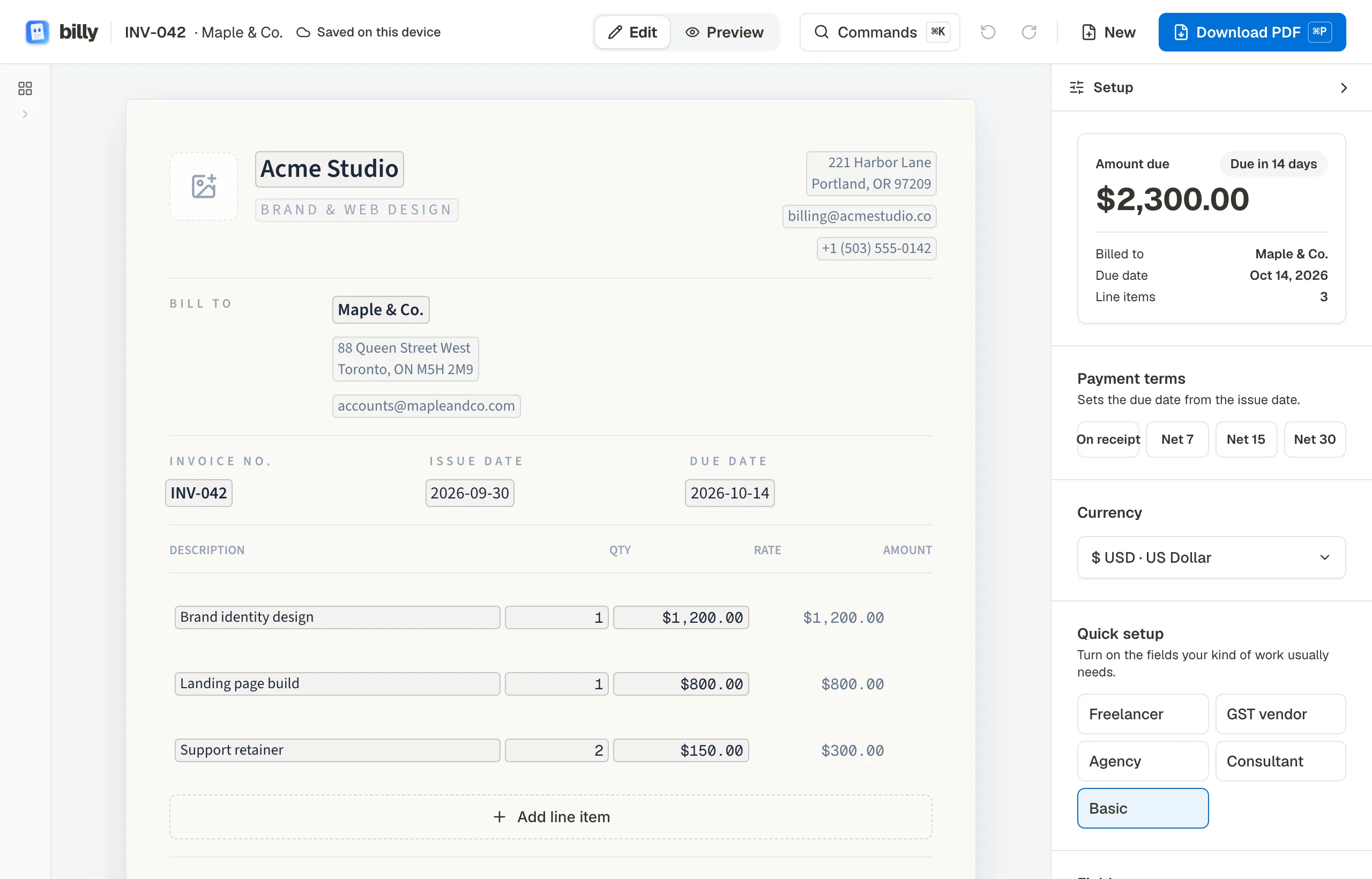 The billy editor: an invoice from Acme Studio to Maple & Co. with three line items, and the amount due of $2,300.00 in the side panel